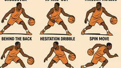 Basketball dribbling moves including crossover, behind the back, hesitation, and spin move